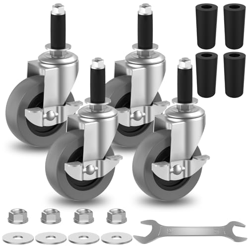 Universal Expanding Casters with Locking Brake (4-Pack) - Fits 3/4" & 7/8" Round Tubes for Metro Shelving, Carts & Furniture Legs