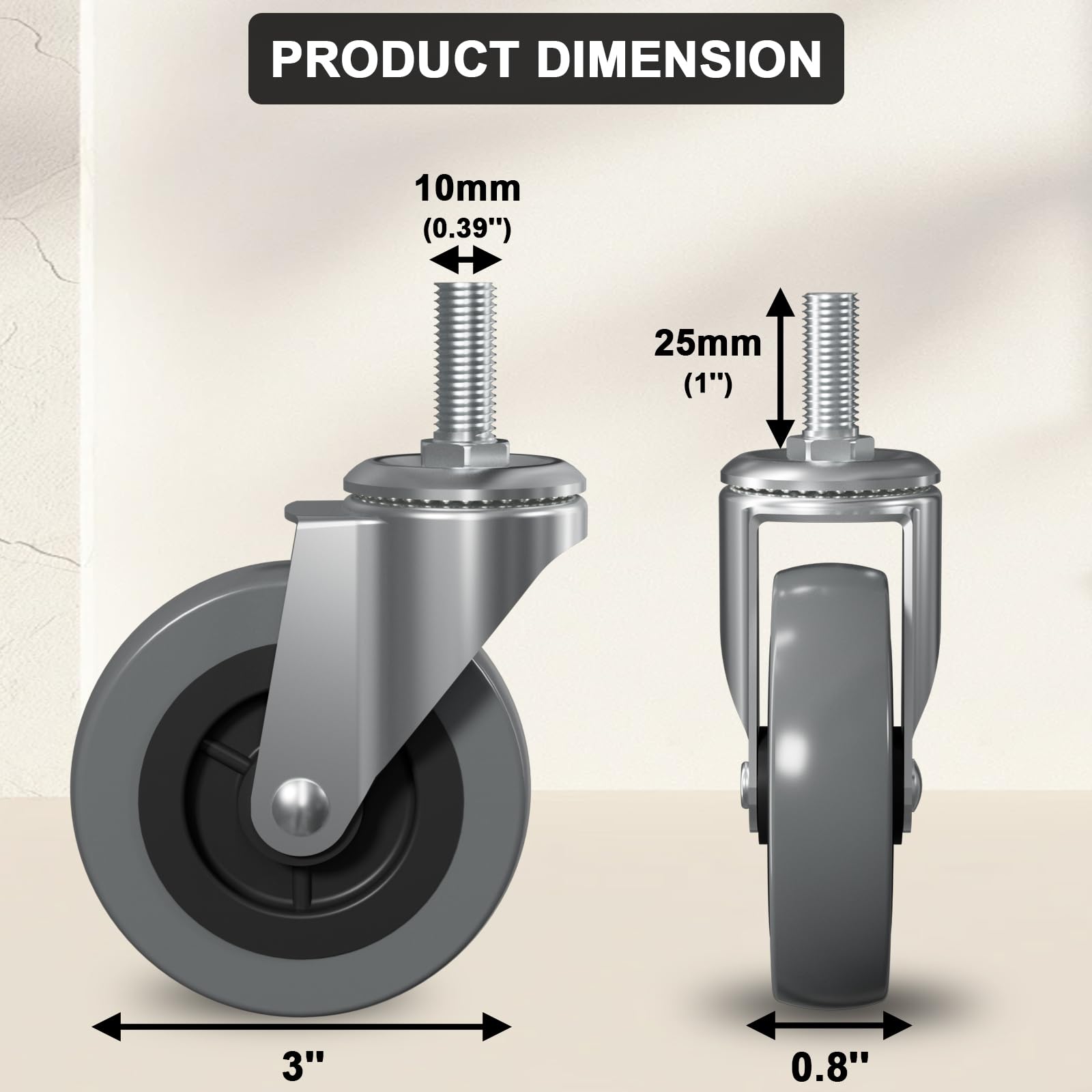 3" Swivel Caster Wheels (6-Pack) - Replacement M10x1 Metric Threaded Stem Casters for Creeper Service Carts, Shop Stools, Workbenches & Post Mounts