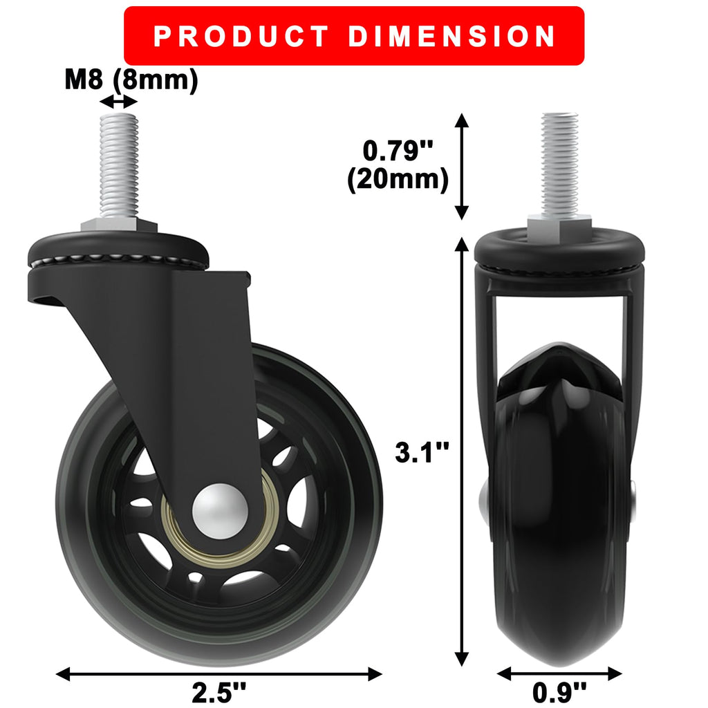 6-Pack Heavy Duty 2.5" Creeper Wheels with M8/M10 Threaded Stem