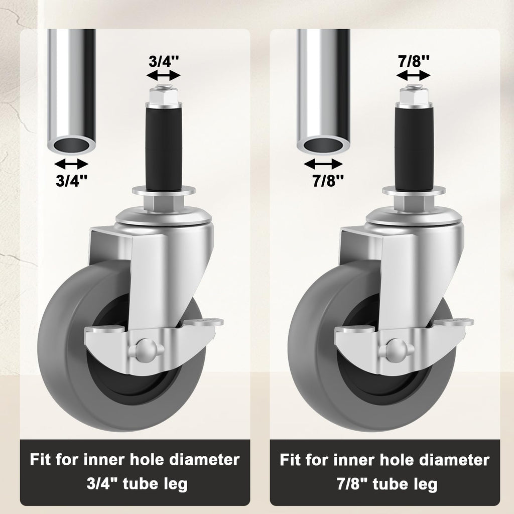 Universal Expanding Casters with Locking Brake (4-Pack) - Fits 3/4" & 7/8" Round Tubes for Metro Shelving, Carts & Furniture Legs