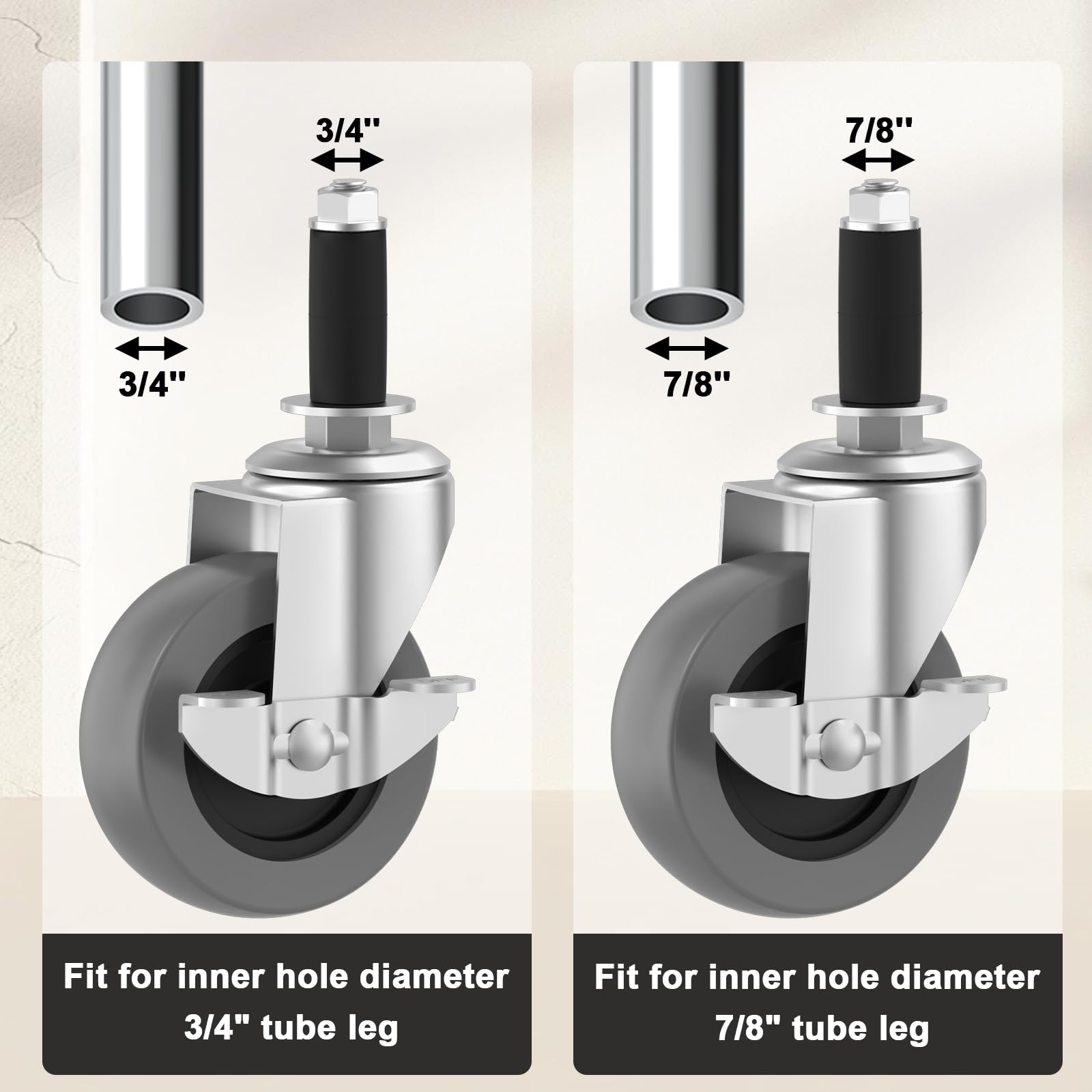Universal Expanding Casters with Locking Brake (4-Pack) - Fits 3/4" & 7/8" Round Tubes for Metro Shelving, Carts & Furniture Legs