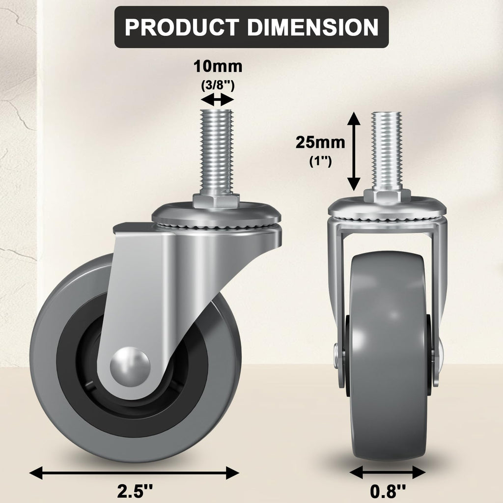 6-Pack Heavy Duty 2.5" Creeper Wheels with M8/M10 Threaded Stem