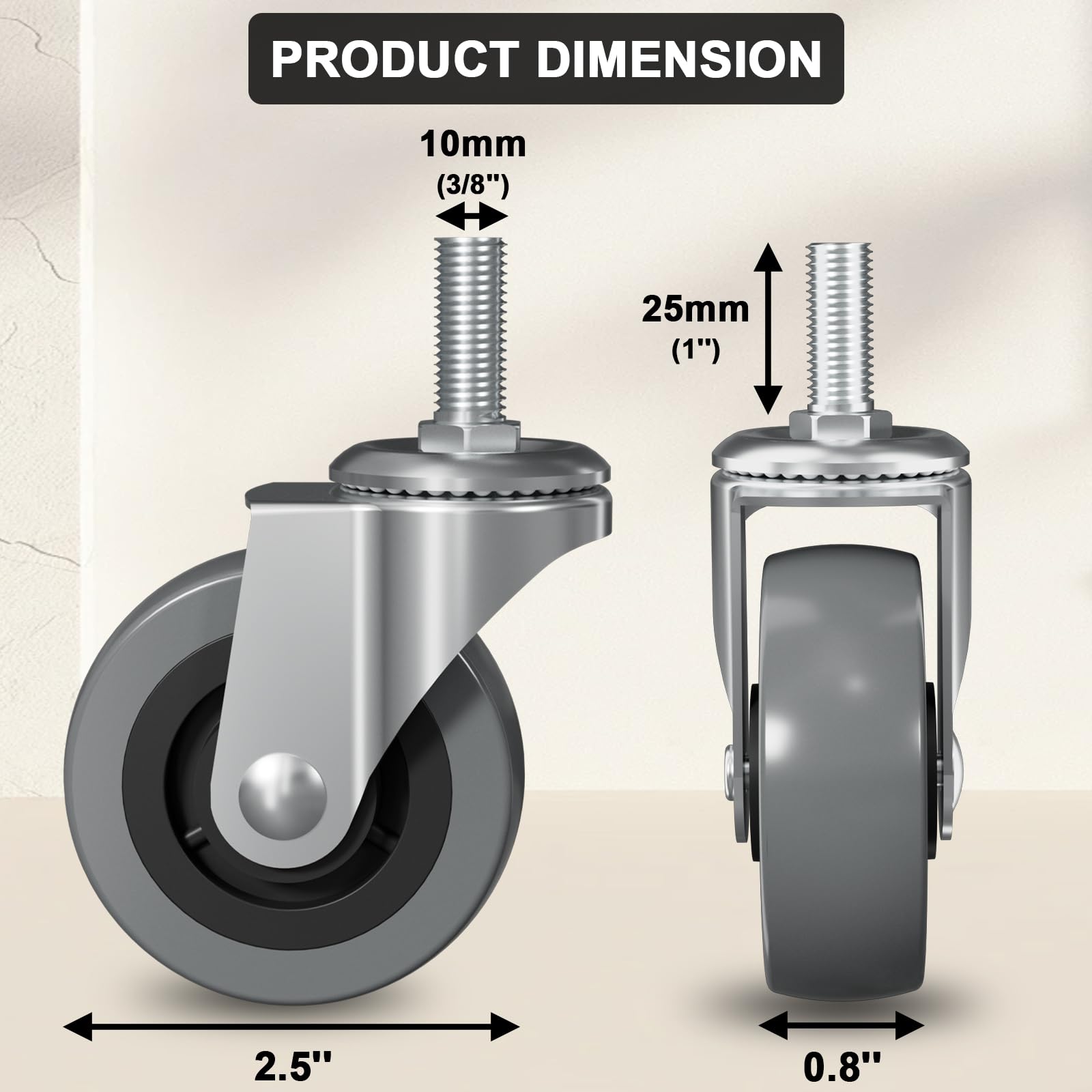 6-Pack Heavy Duty 2.5" Creeper Wheels with M8/M10 Threaded Stem