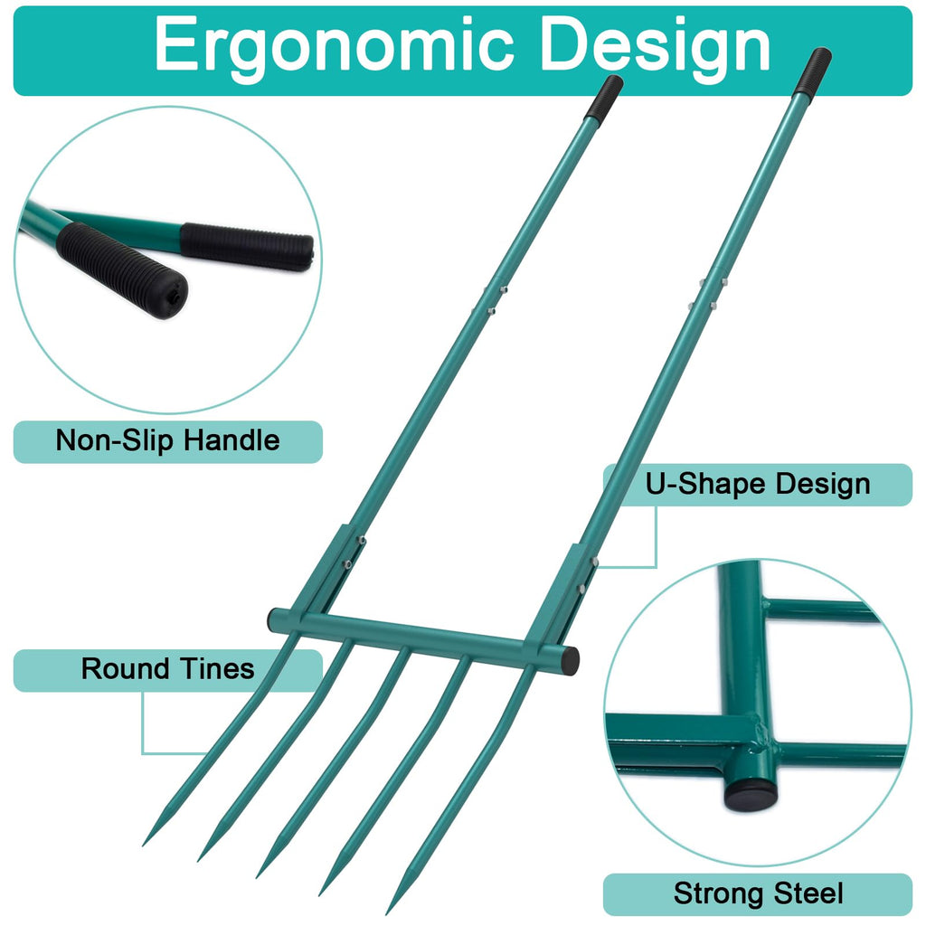 5 Tines 20 in Wide Heavy Duty Pitch Fork for Gardening Spading, Ergonomic Stainless Steel Digging Fork, 55 inch Heigh Handled Broad Fork Garden Tool Claw Weeder Soil Tiller Cultivator Aerate Clay Soil