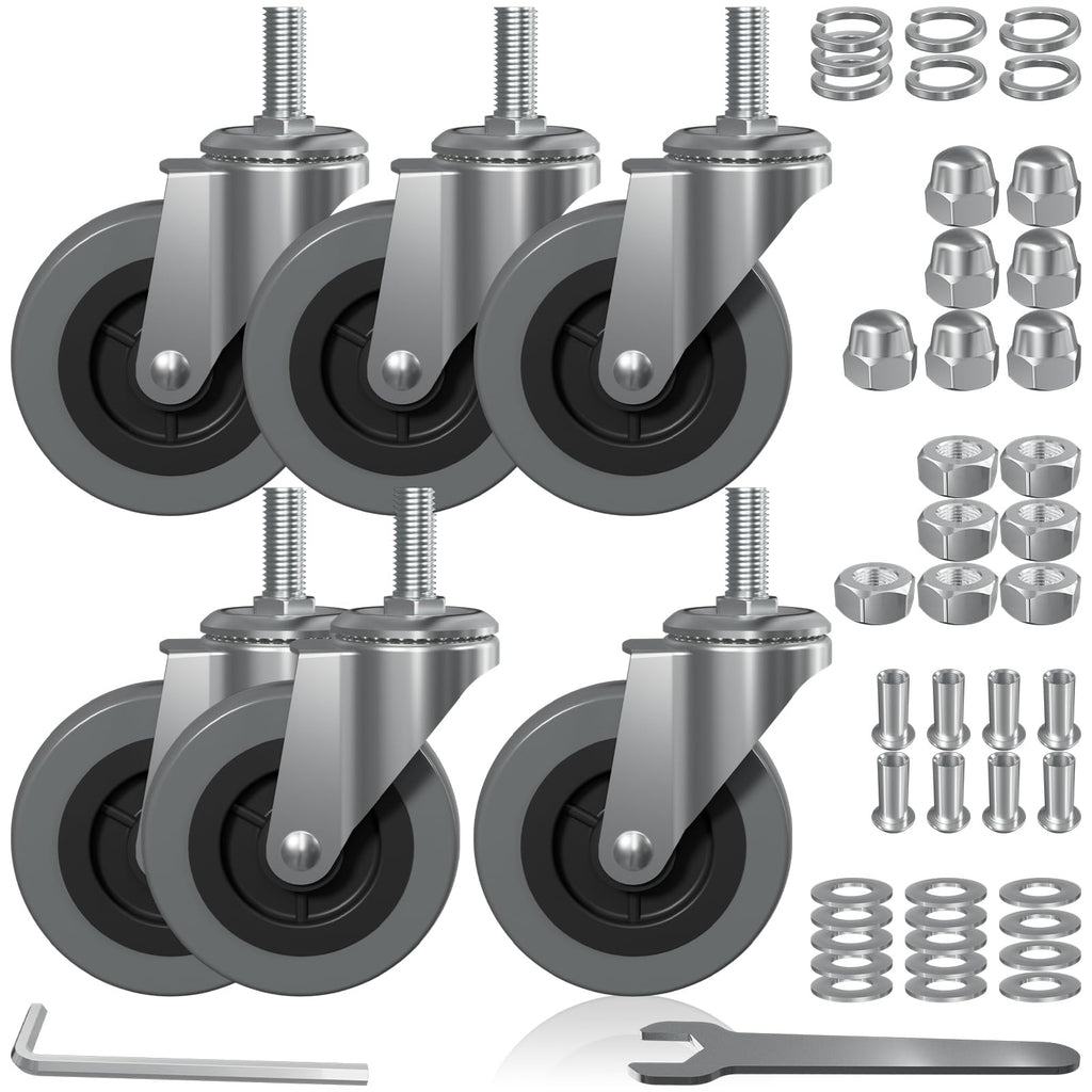 3" Swivel Caster Wheels (6-Pack) - Replacement M10x1 Metric Threaded Stem Casters for Creeper Service Carts, Shop Stools, Workbenches & Post Mounts