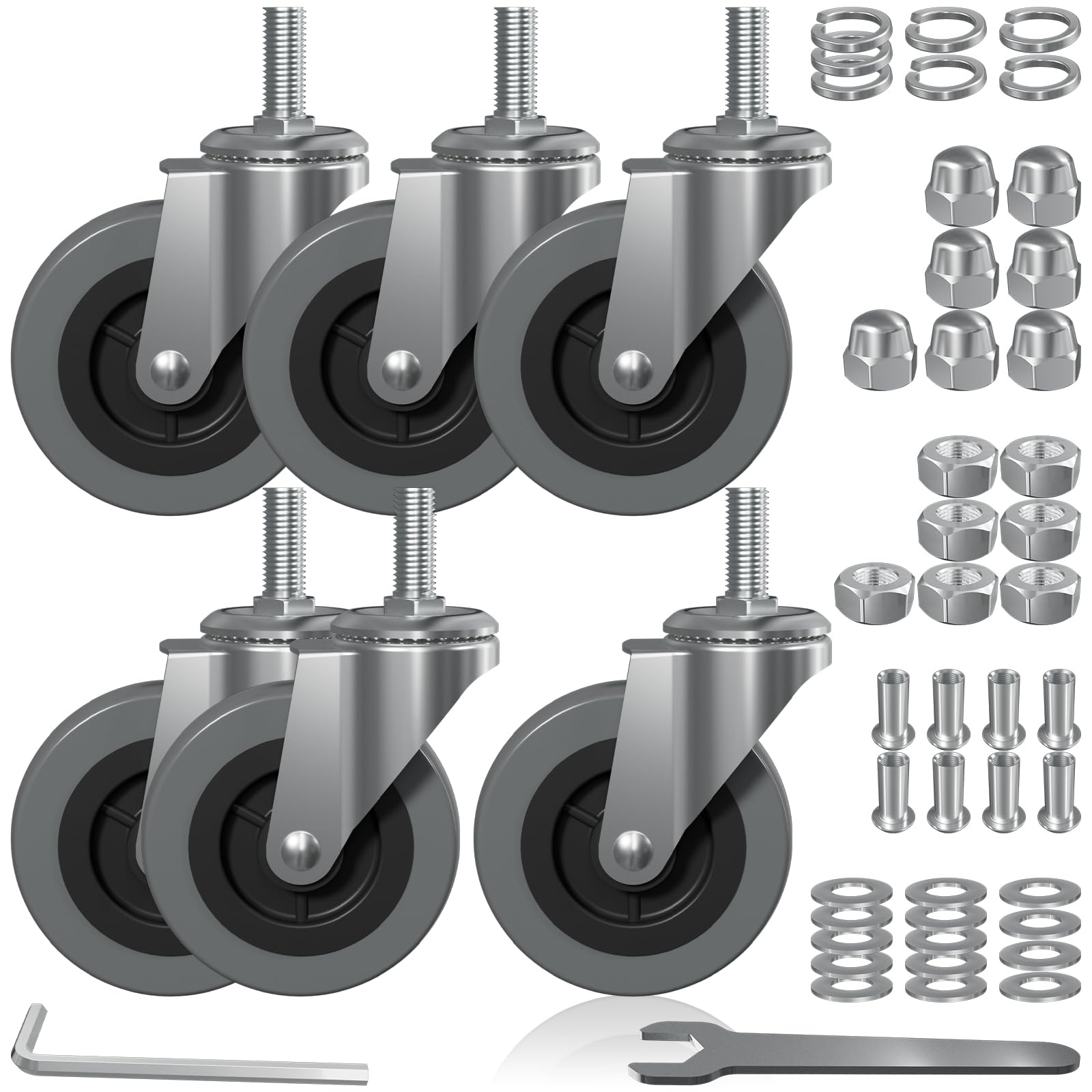 3" Swivel Caster Wheels (6-Pack) - Replacement M10x1 Metric Threaded Stem Casters for Creeper Service Carts, Shop Stools, Workbenches & Post Mounts