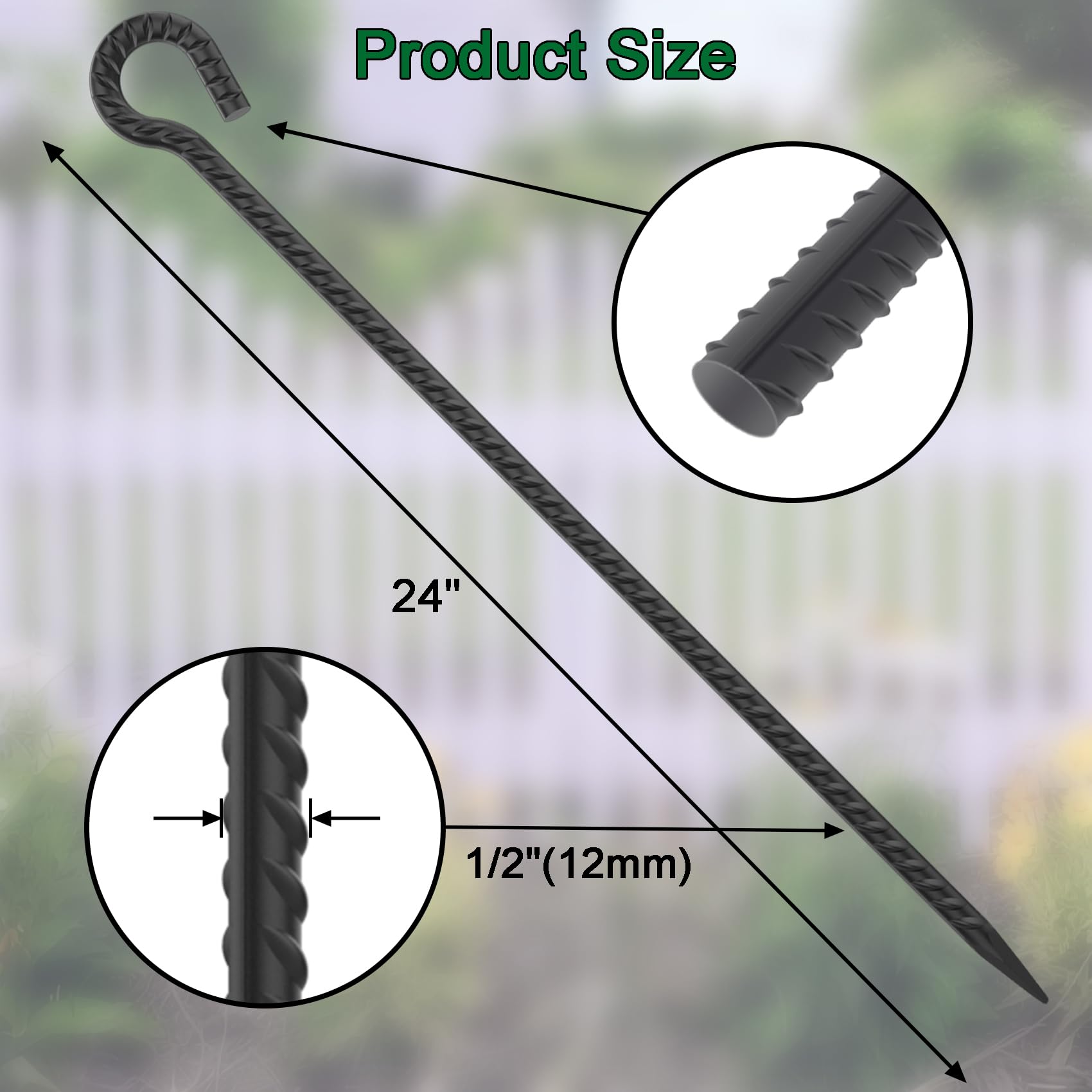 16‘’/24‘/30’’/36''/48'' Rebar Spikes with Loop, 1/2" - 6-Pack Black Steel Stakes for Tree Support, Tent Anchors & Garden Fence