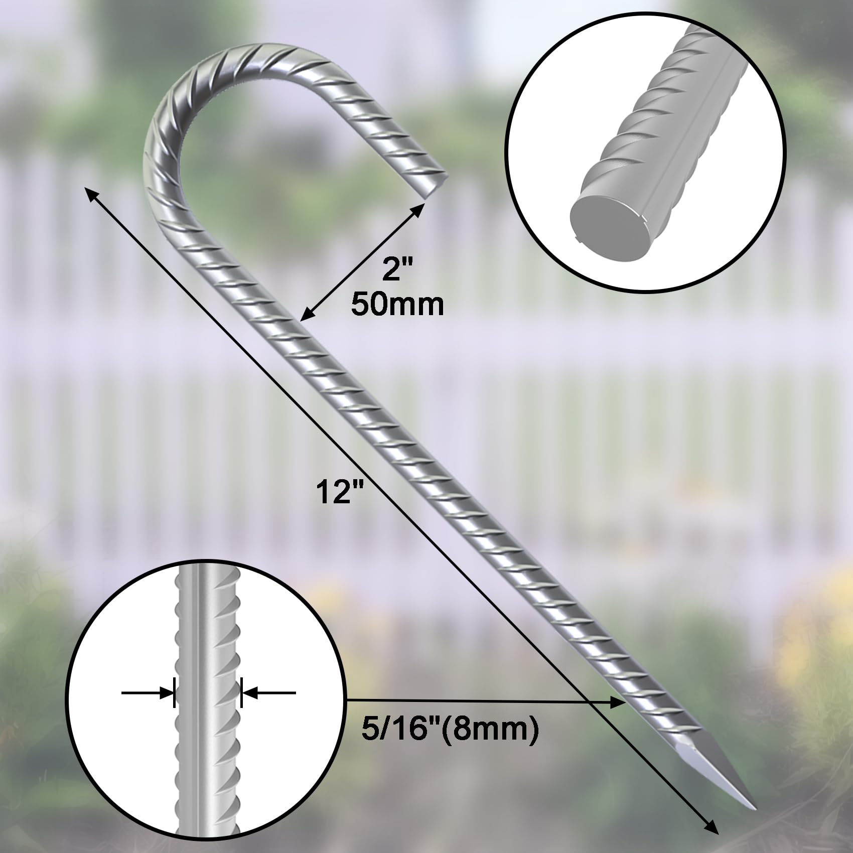 Bounce House & Gazebo Anchors - 12-Inch Heavy-Duty J-Hook Ground Stakes, Galvanized Metal Spikes for Fences, Trampolines, Tents, Inflatables & Outdoor Decor