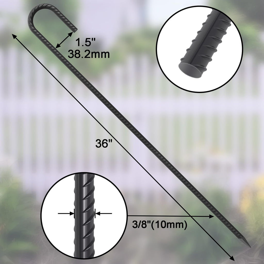 J Hook Rebar Stakes - 36 Inch, 3/8 Inch Diameter Steel Tent Stakes - Heavy Duty Chain Link Fence & Trampoline Stakes with Chisel Point End - Black (16 Pcs)