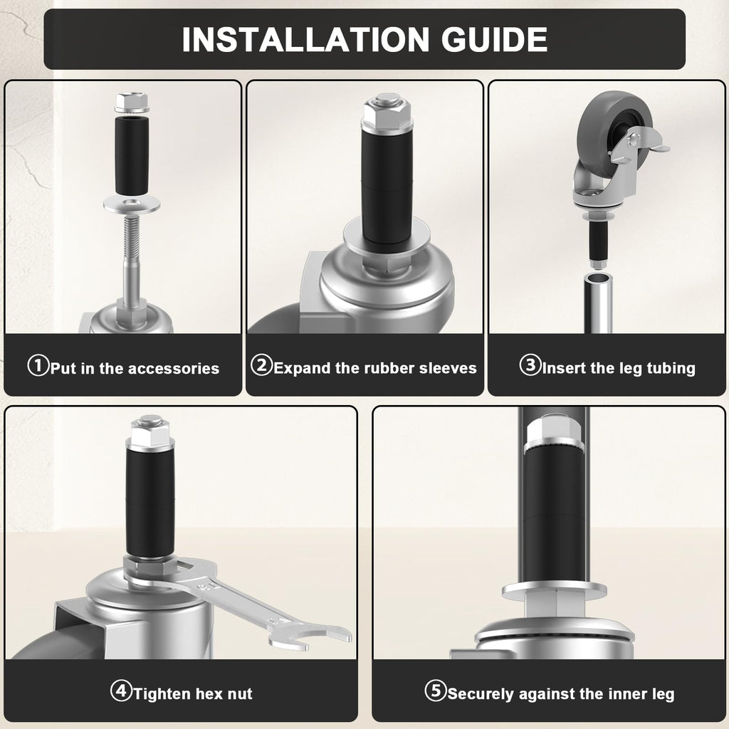 Universal Expanding Casters with Locking Brake (4-Pack) - Fits 3/4" & 7/8" Round Tubes for Metro Shelving, Carts & Furniture Legs