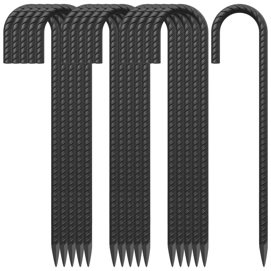 18 Inch Steel J Hook Rebar Ground Stakes 16 Pack 1/2 Inch Diameter Fence Stakes for Wire Fencing with Chisel Point End Metal Tent Stakes Heavy Duty for Outdoor Camping, Black