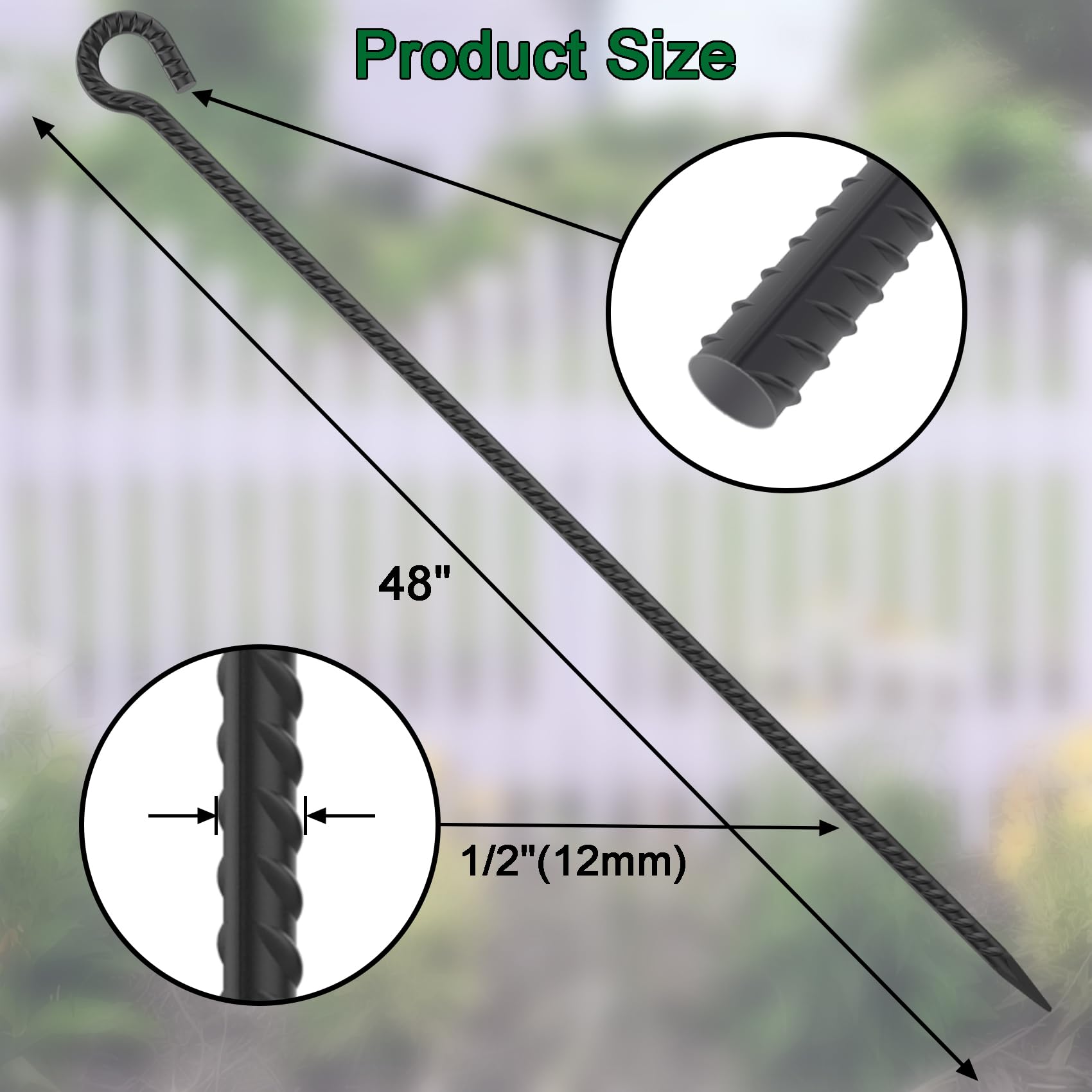 18‘’/24‘/30’’/36''/48'' Rebar Spikes with Loop, 1/2" Black Steel Stakes for Tree Support, Tent Anchors & Garden Fence
