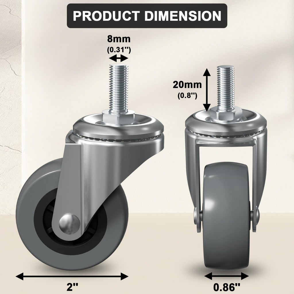 Caster Replacement Kit for Mechanic Stools & Workshop Creepers - 6-Pack of 2" Heavy-Duty Wheels with M8x20mm Stem
