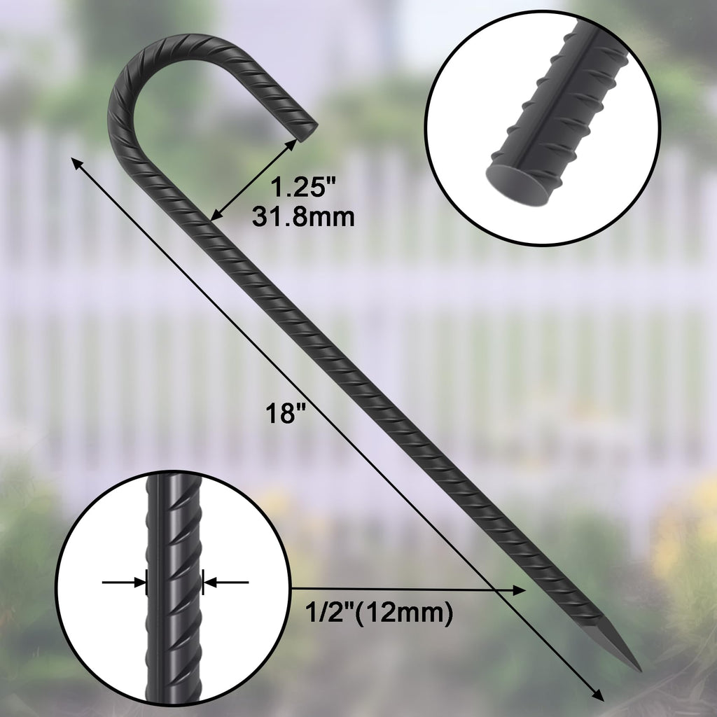 18 Inch Steel J Hook Rebar Ground Stakes 16 Pack 1/2 Inch Diameter Fence Stakes for Wire Fencing with Chisel Point End Metal Tent Stakes Heavy Duty for Outdoor Camping, Black