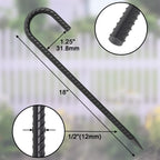 18 Inch Steel J Hook Rebar Ground Stakes 16 Pack 1/2 Inch Diameter Fence Stakes for Wire Fencing with Chisel Point End Metal Tent Stakes Heavy Duty for Outdoor Camping, Black