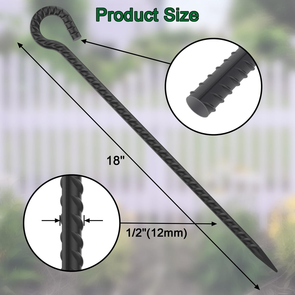 16‘’/24‘/30’’/36''/48'' Rebar Spikes with Loop, 1/2" - 6-Pack Black Steel Stakes for Tree Support, Tent Anchors & Garden Fence