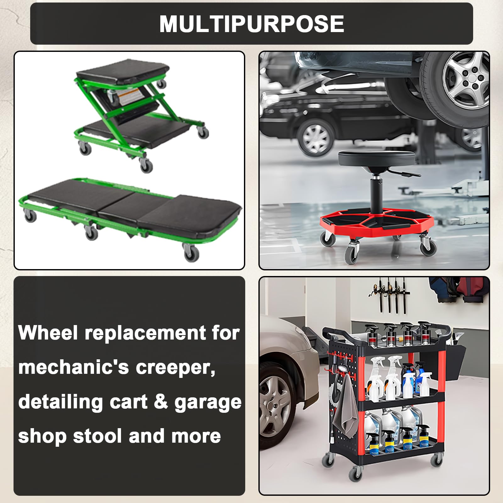 6-Pack Heavy Duty 2.5" Creeper Wheels with M8/M10 Threaded Stem