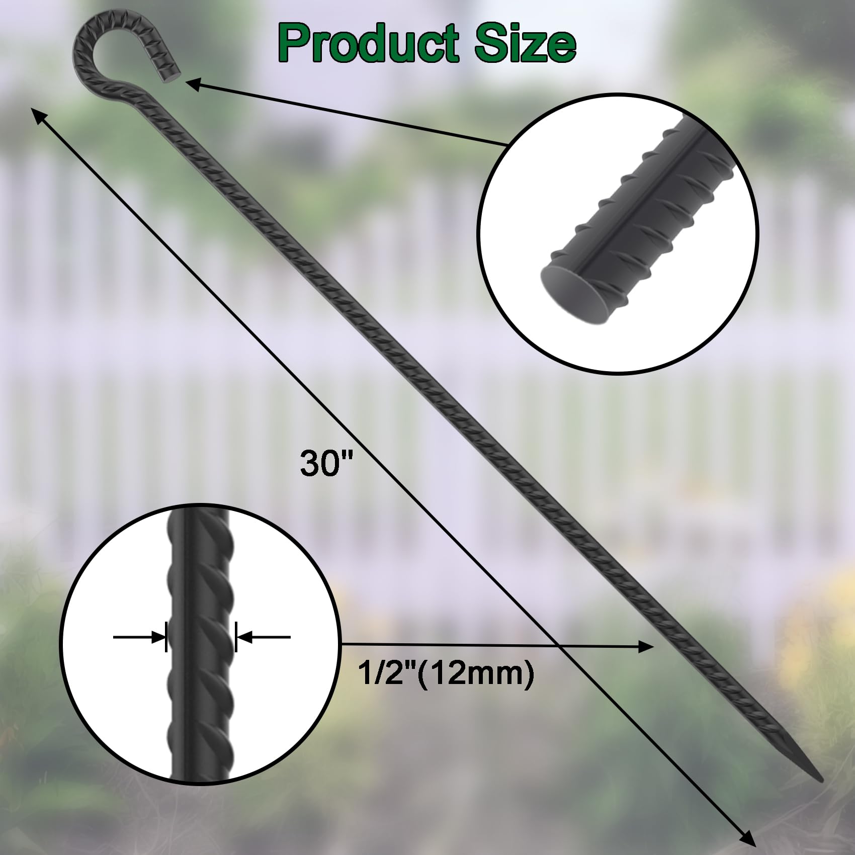 16‘’/24‘/30’’/36''/48'' Rebar Spikes with Loop, 1/2" - 6-Pack Black Steel Stakes for Tree Support, Tent Anchors & Garden Fence