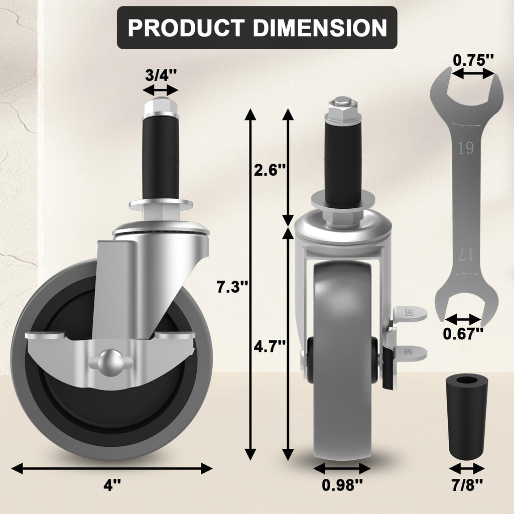 Universal Expanding Casters with Locking Brake (4-Pack) - Fits 3/4" & 7/8" Round Tubes for Metro Shelving, Carts & Furniture Legs