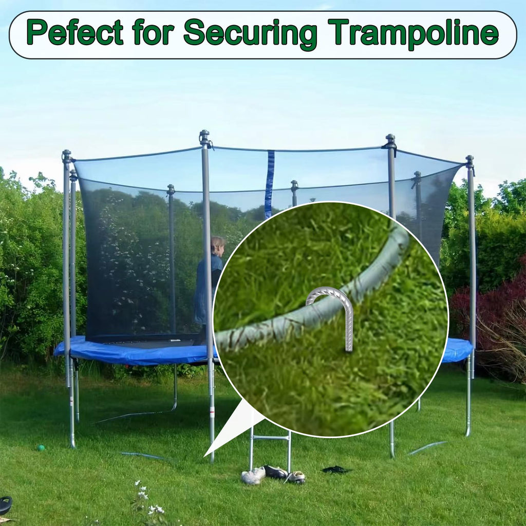 J-hook stake securing a bounce house in grass