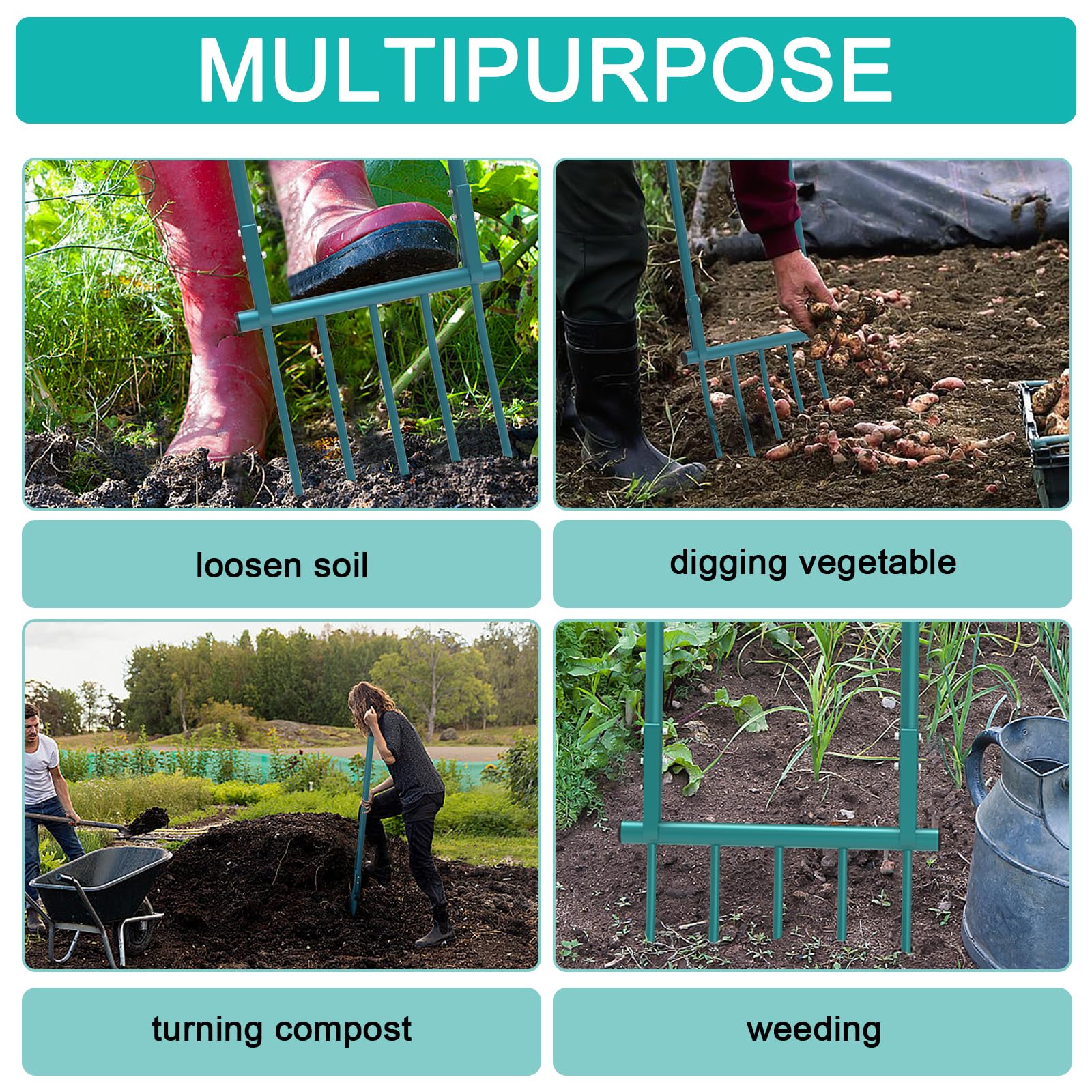 5 Tines 20 in Wide Heavy Duty Pitch Fork for Gardening Spading, Ergonomic Stainless Steel Digging Fork, 55 inch Heigh Handled Broad Fork Garden Tool Claw Weeder Soil Tiller Cultivator Aerate Clay Soil