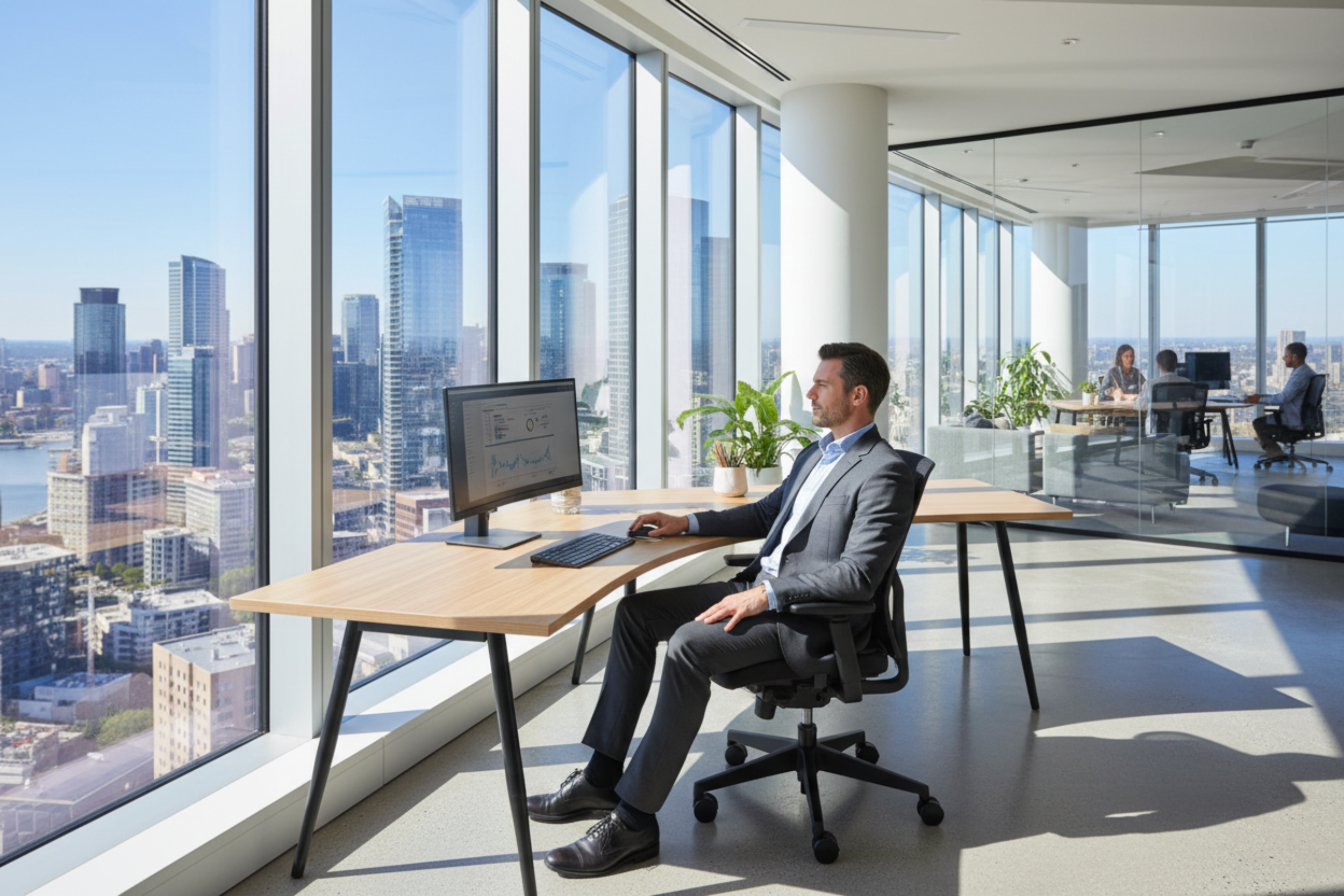 一个男人坐在高楼办公 坐着人体工学椅子